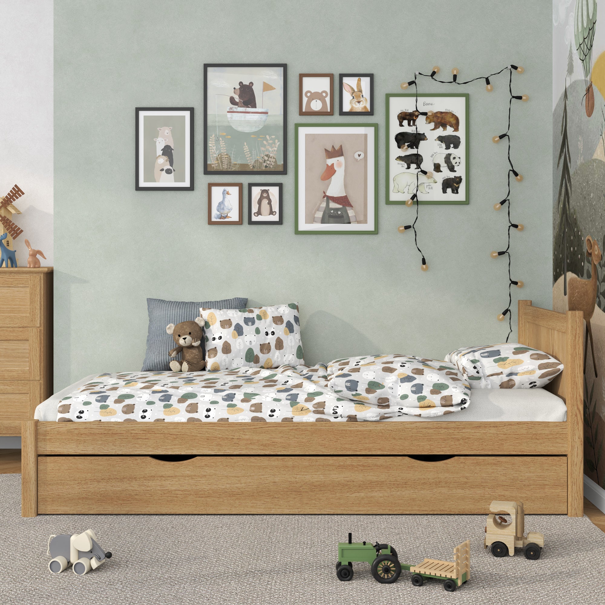 Bett Natureiche mit Schublade – Seitenansicht, Eiche, Nizio Home