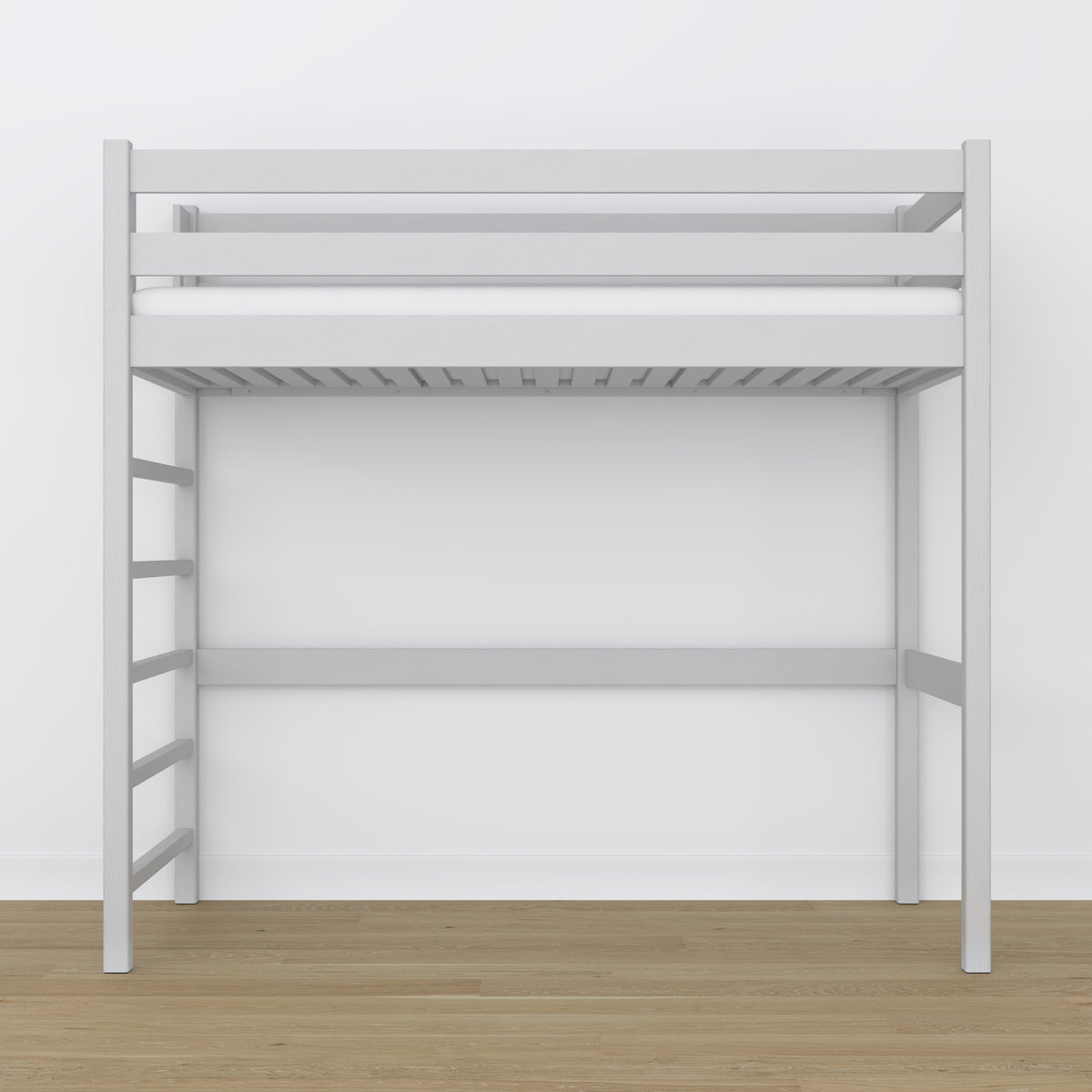 Hochbett aus Holz grau – Rahmen mit Latten, Seitenansicht
