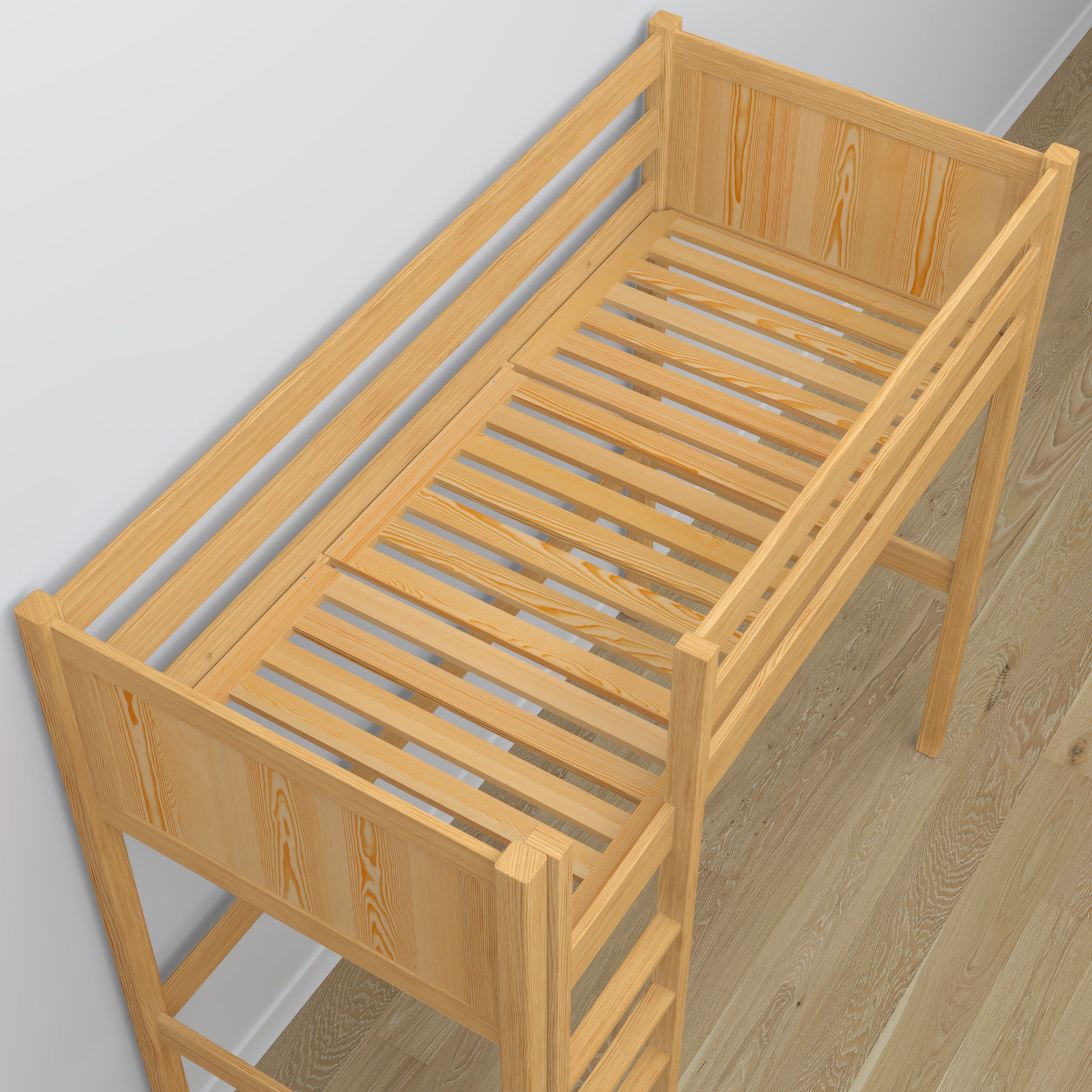 Lit mezzanine avec bureau en bois pin naturel – détails des assemblages et de l'échelle