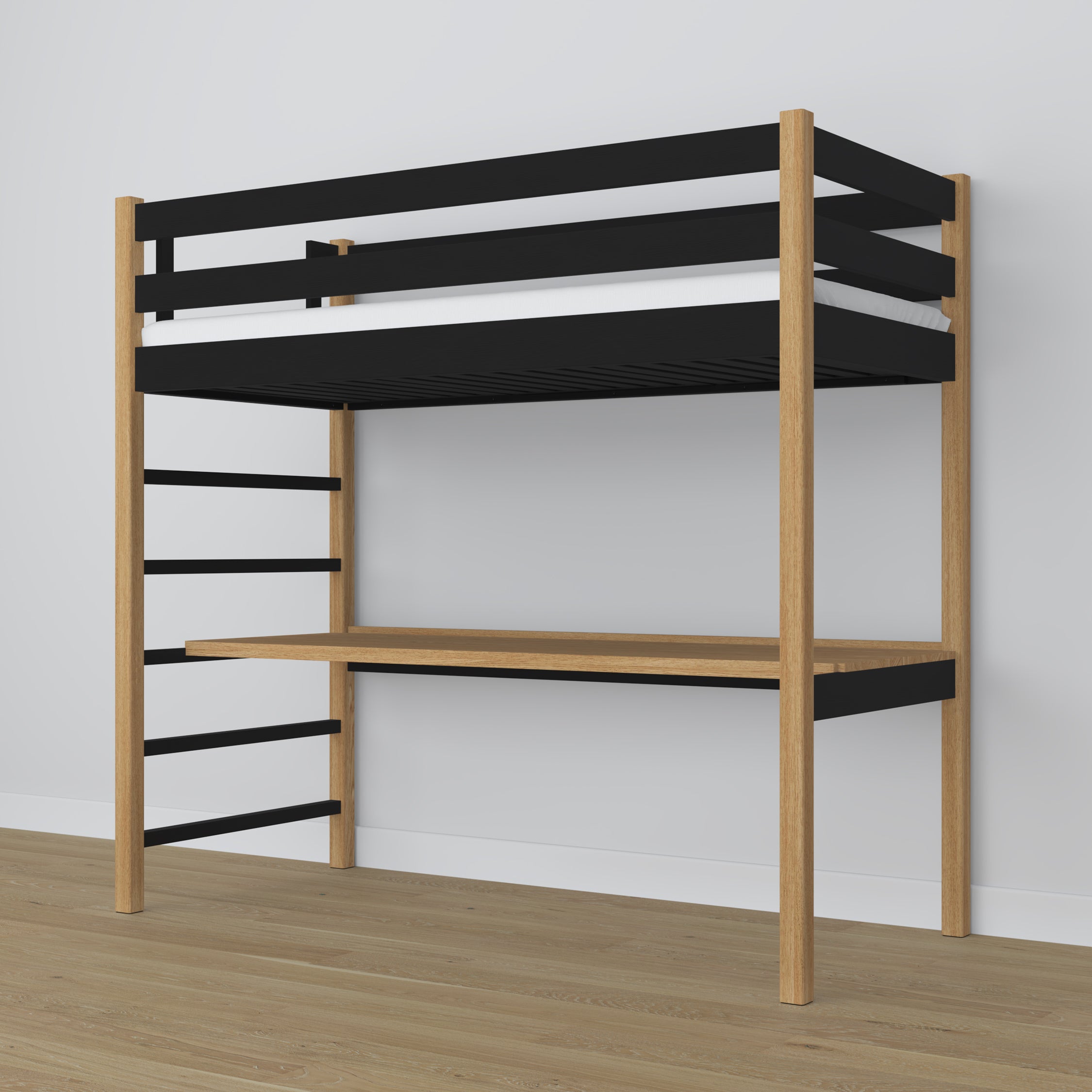Hochbett schwarz-eiche aus Holz – Draufsicht auf den Schlafbereich, Nizio