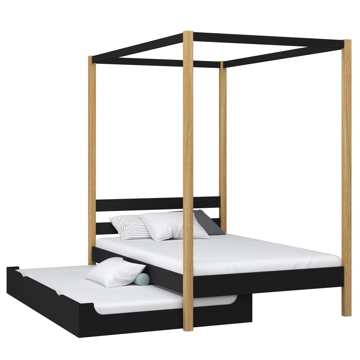 Wooden canopy bed with mattress drawer black-oak – scandi child’s room