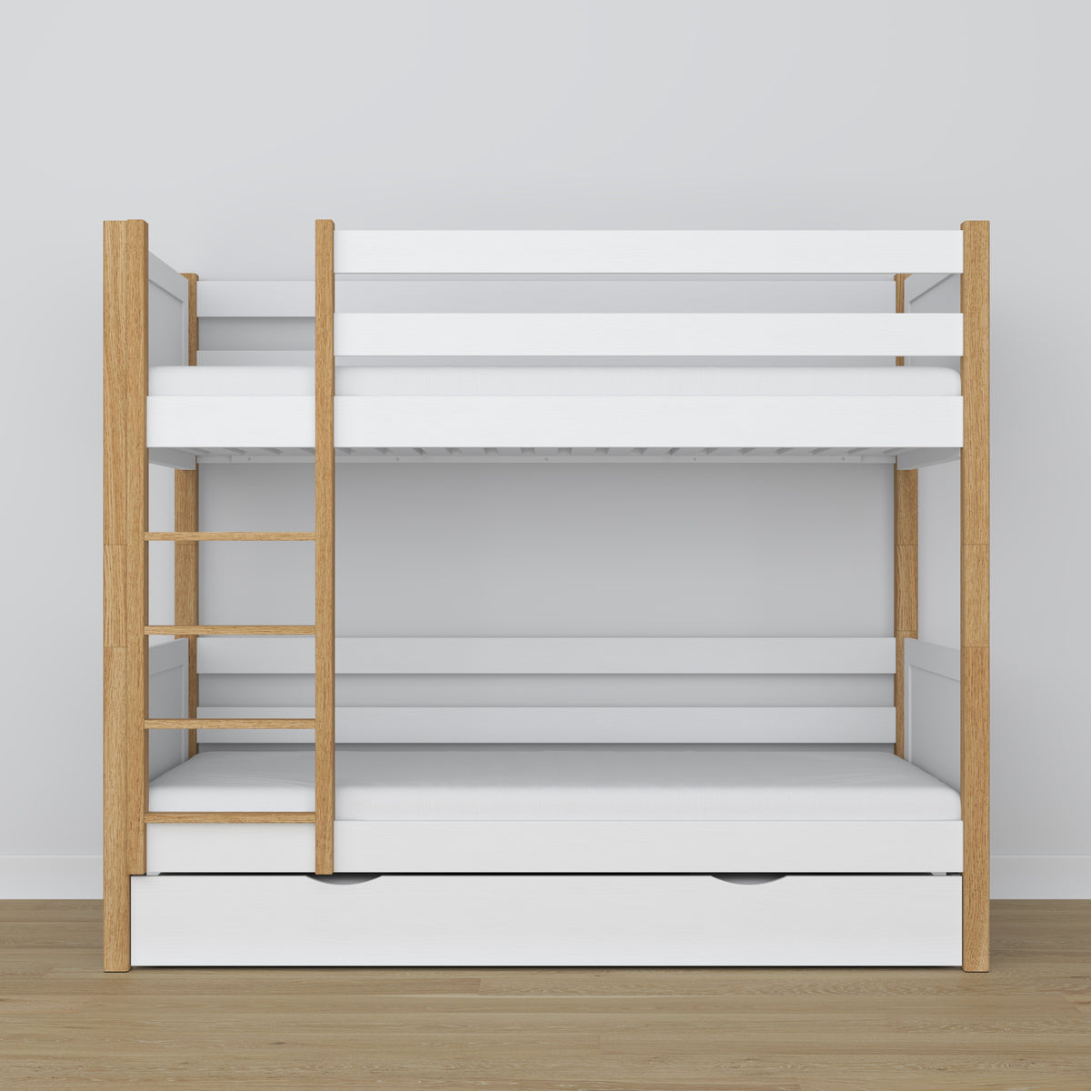 White and Oak Bunk Bed with Mattress Drawer – Safety Rail, Wooden, Nizio Home