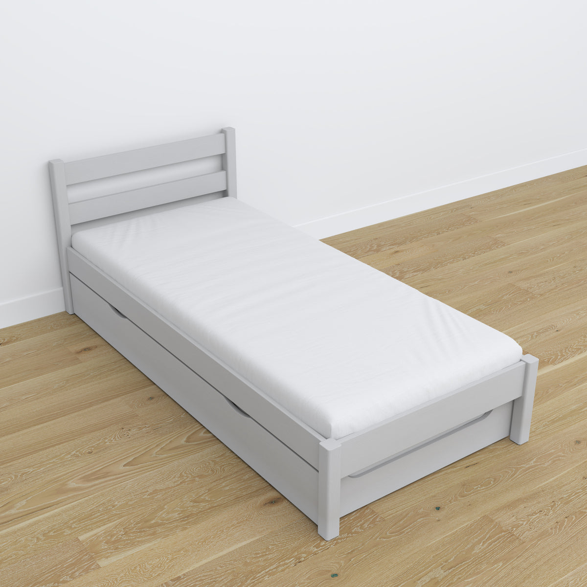 Bett mit Schublade für Matratze Aschgrau aus Holz – Maße, Nizio
