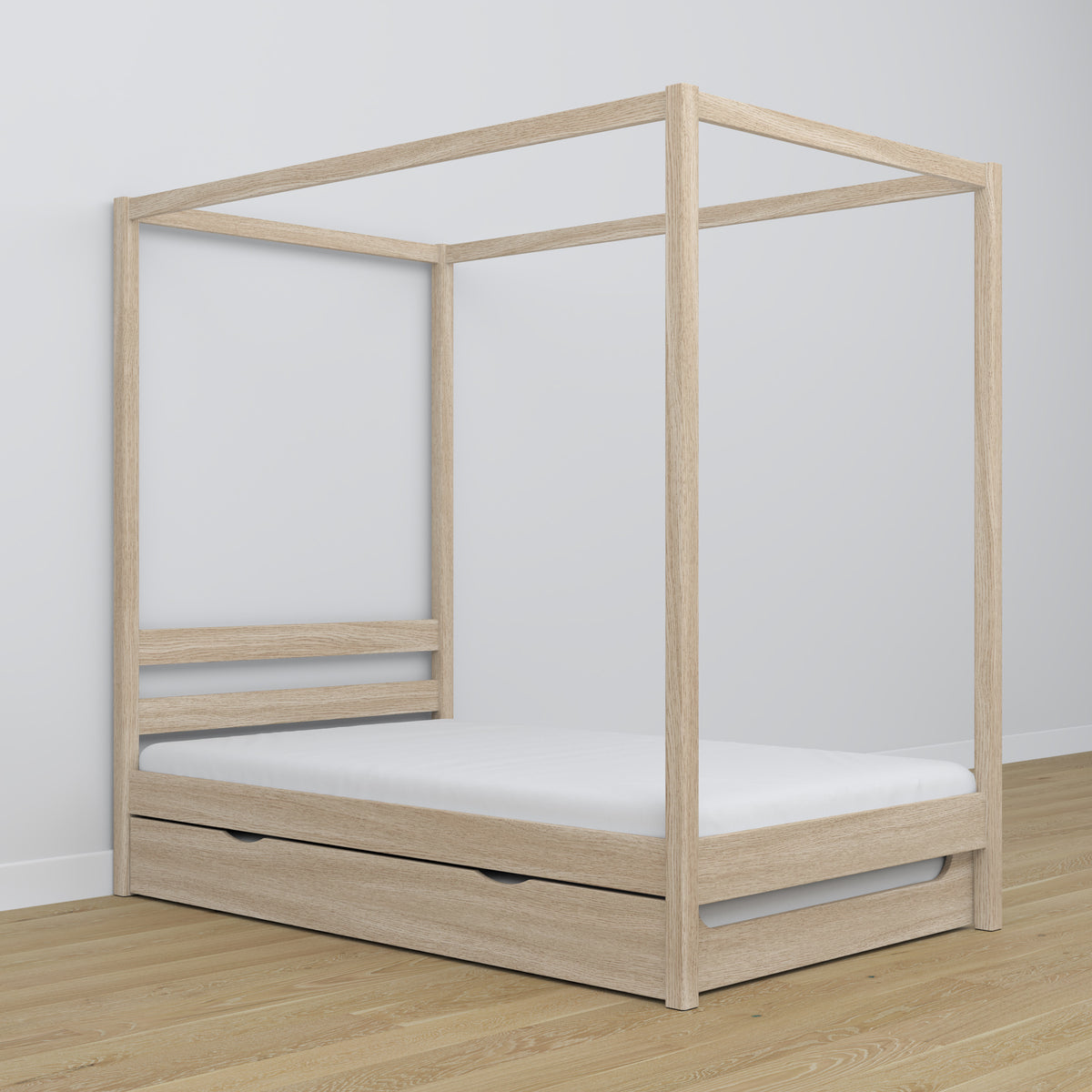 Bleached Oak Canopy Bed – Drawer for Additional Mattress, Oak