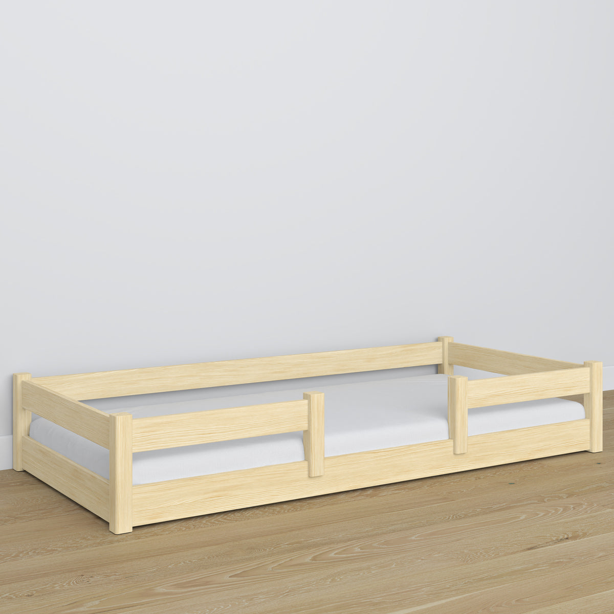 Lit bas pin incolore – tête de lit en bois, gros plan sur la qualité du bois