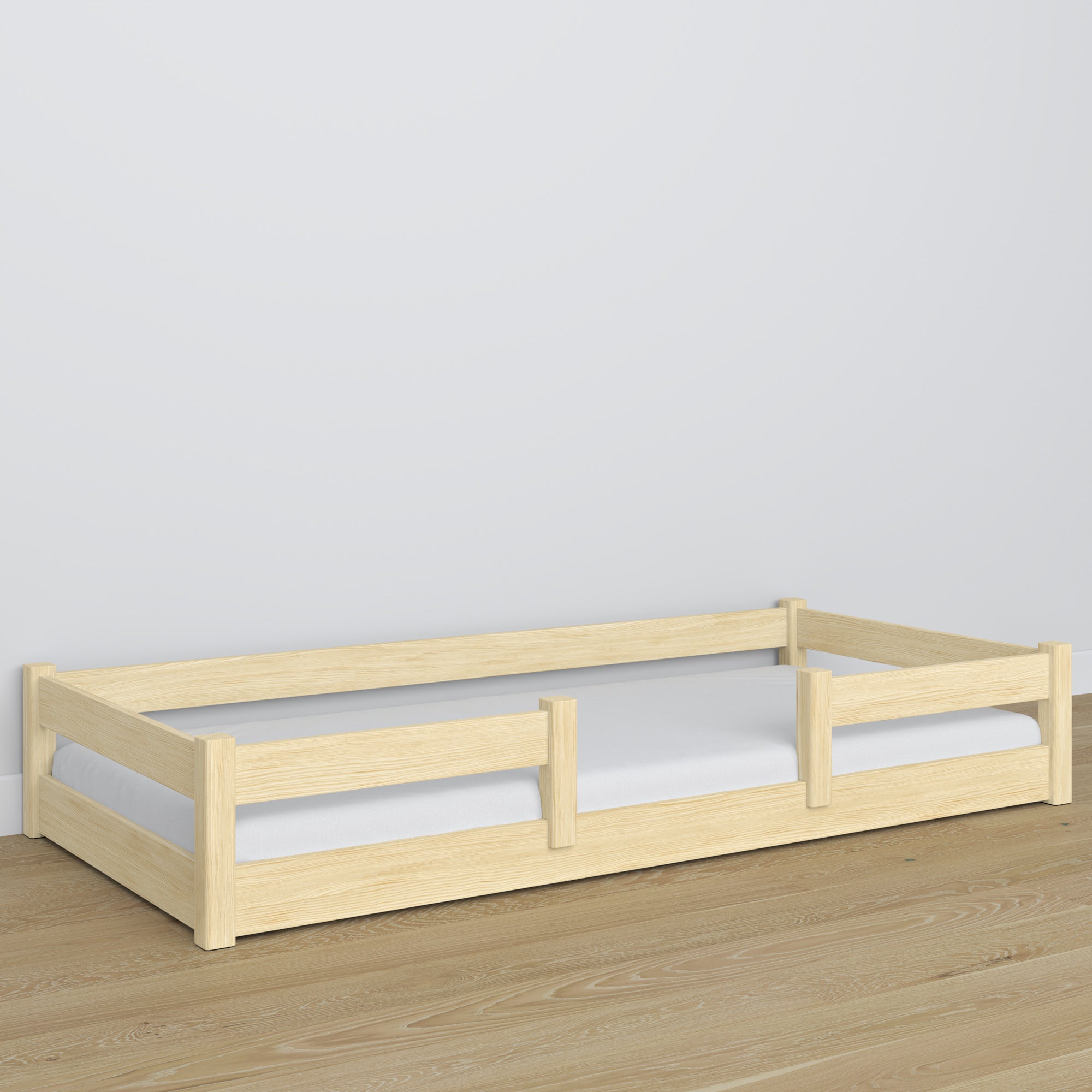 Lit bas pin incolore – tête de lit en bois, gros plan sur la qualité du bois