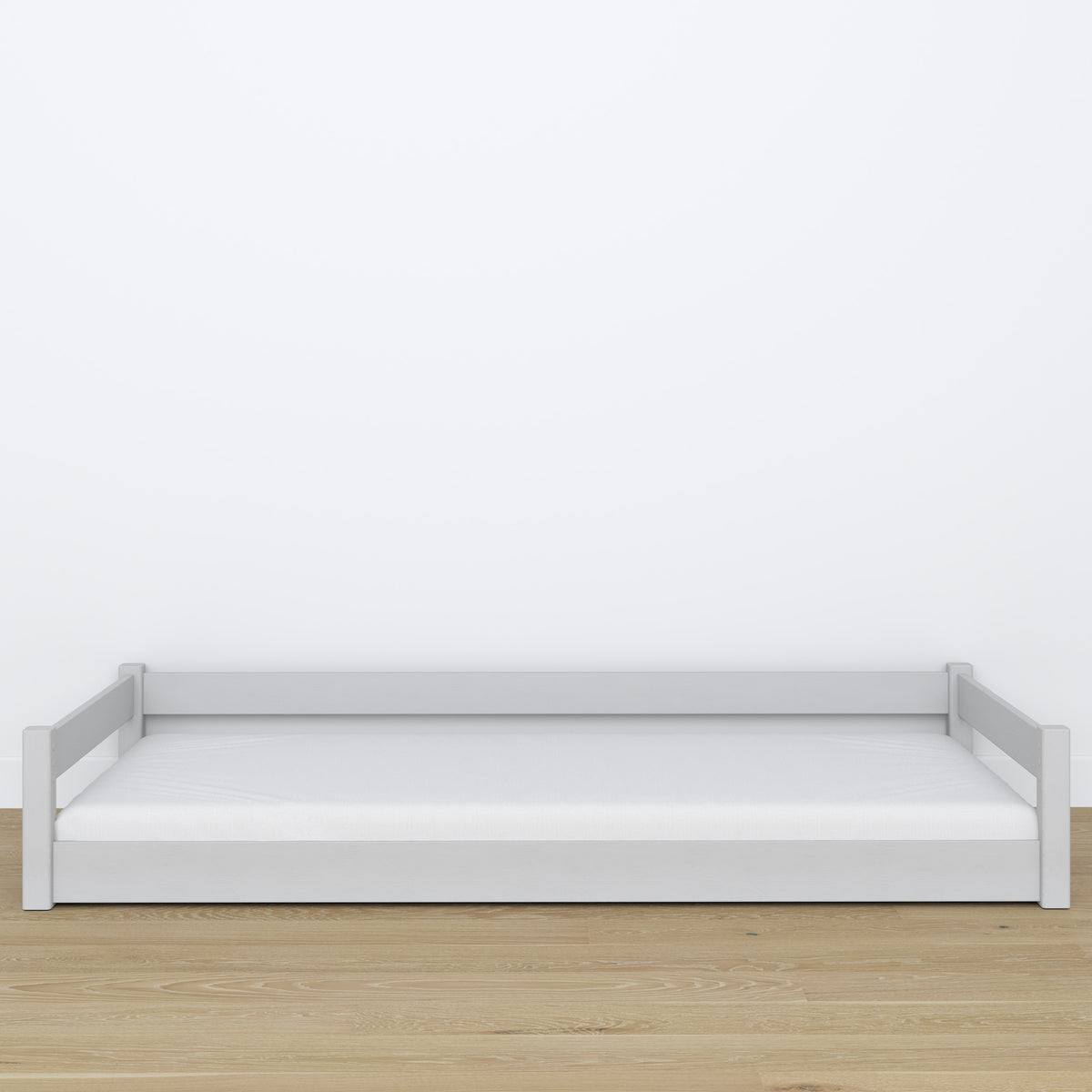 Lit bas gris w chambre – décoration scandinave, en bois