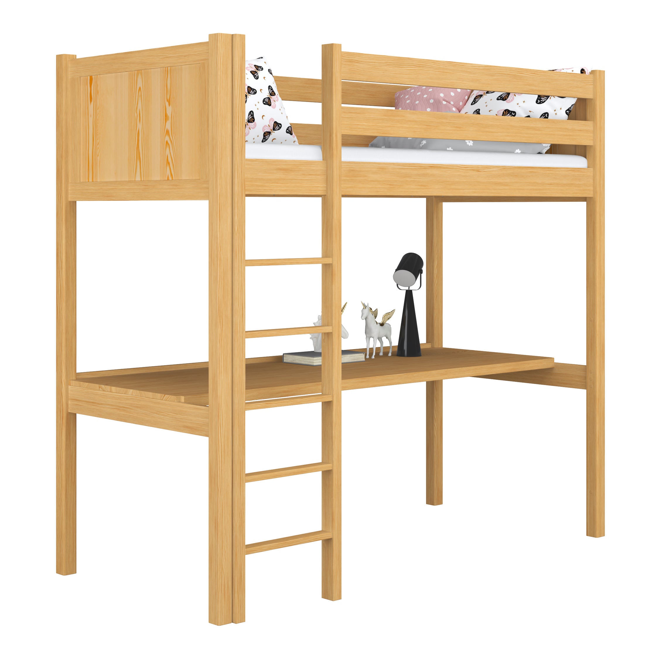 Lit mezzanine avec bureau en bois pin naturel – chambre d'enfant, scandinave Nizio