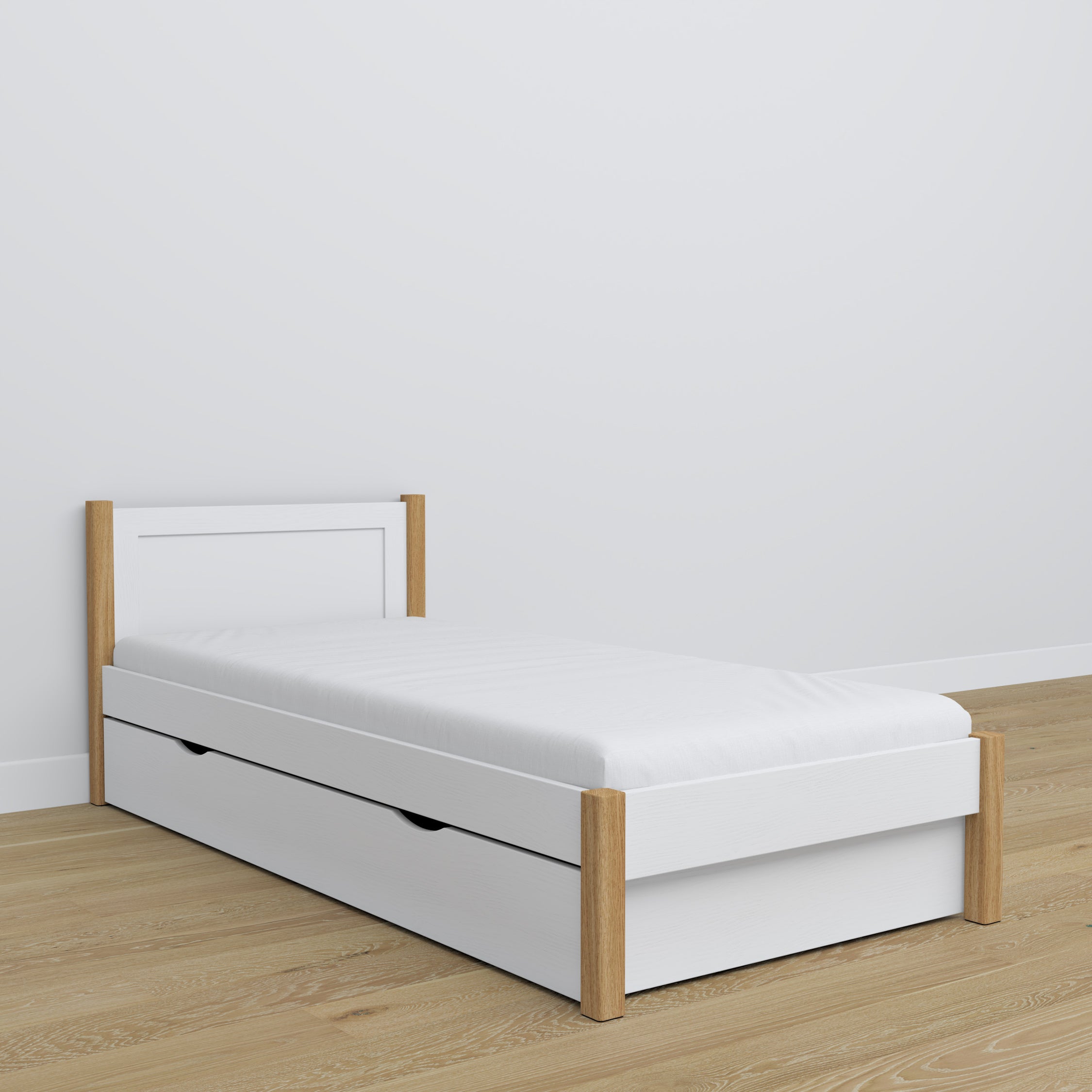 Bett mit Schublade aus Holz Weiß-Eiche – Kinderzimmer, Scandi-Einrichtung