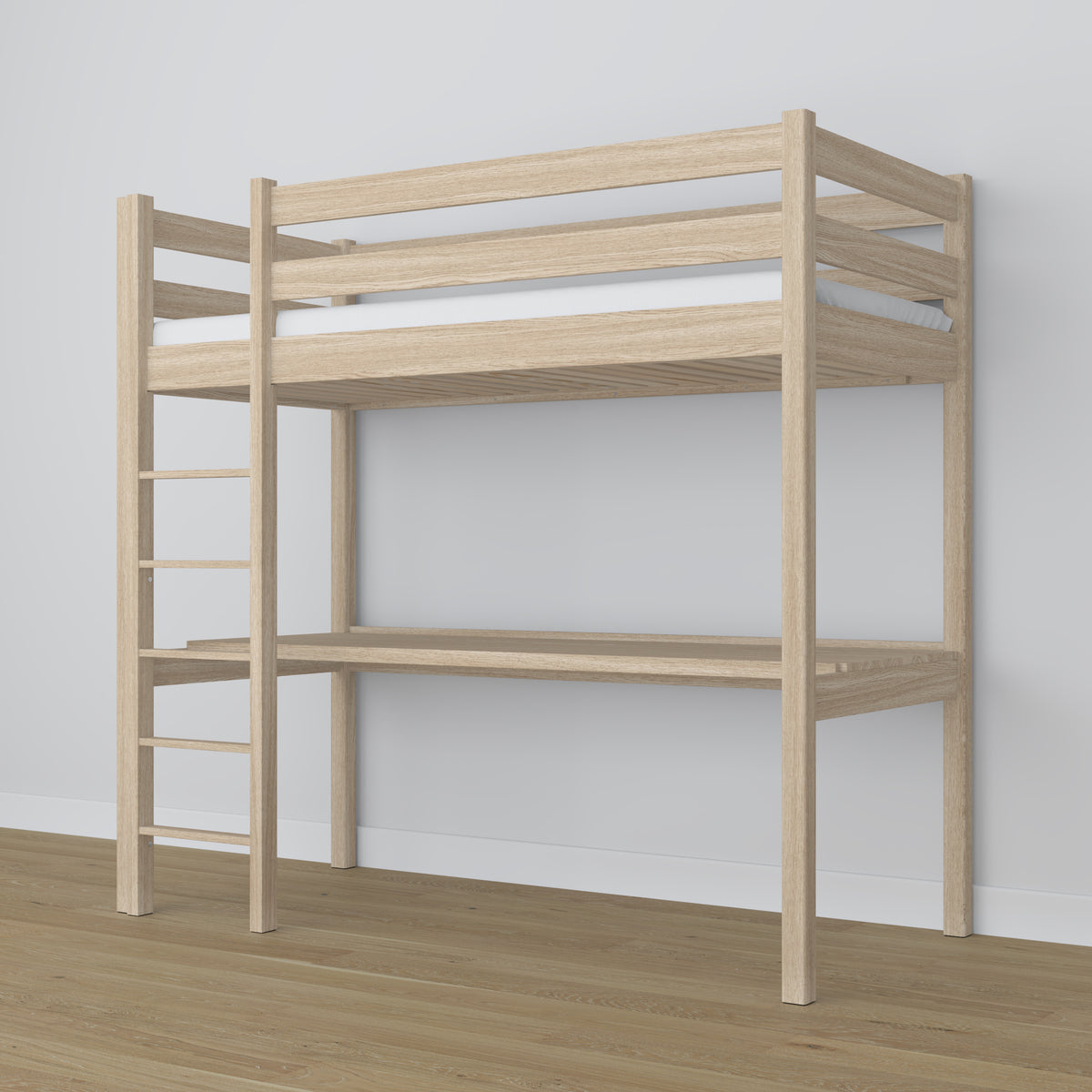 Bleached Oak Loft Bed with Desk – Frame and Slats, Nizio