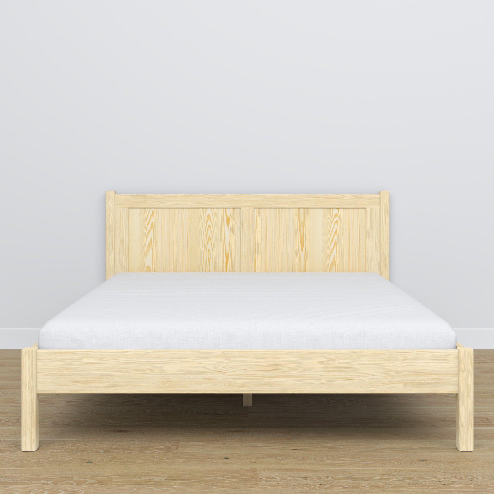 Doppelbett Holz Kiefer farblos – Seitenansicht, Proportionen und Form, Schlafzimmer