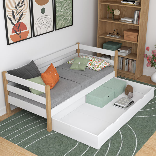 Łóżko sofa biało-dębowy z szufladą – pojemny schowek, drewniane, Nizio