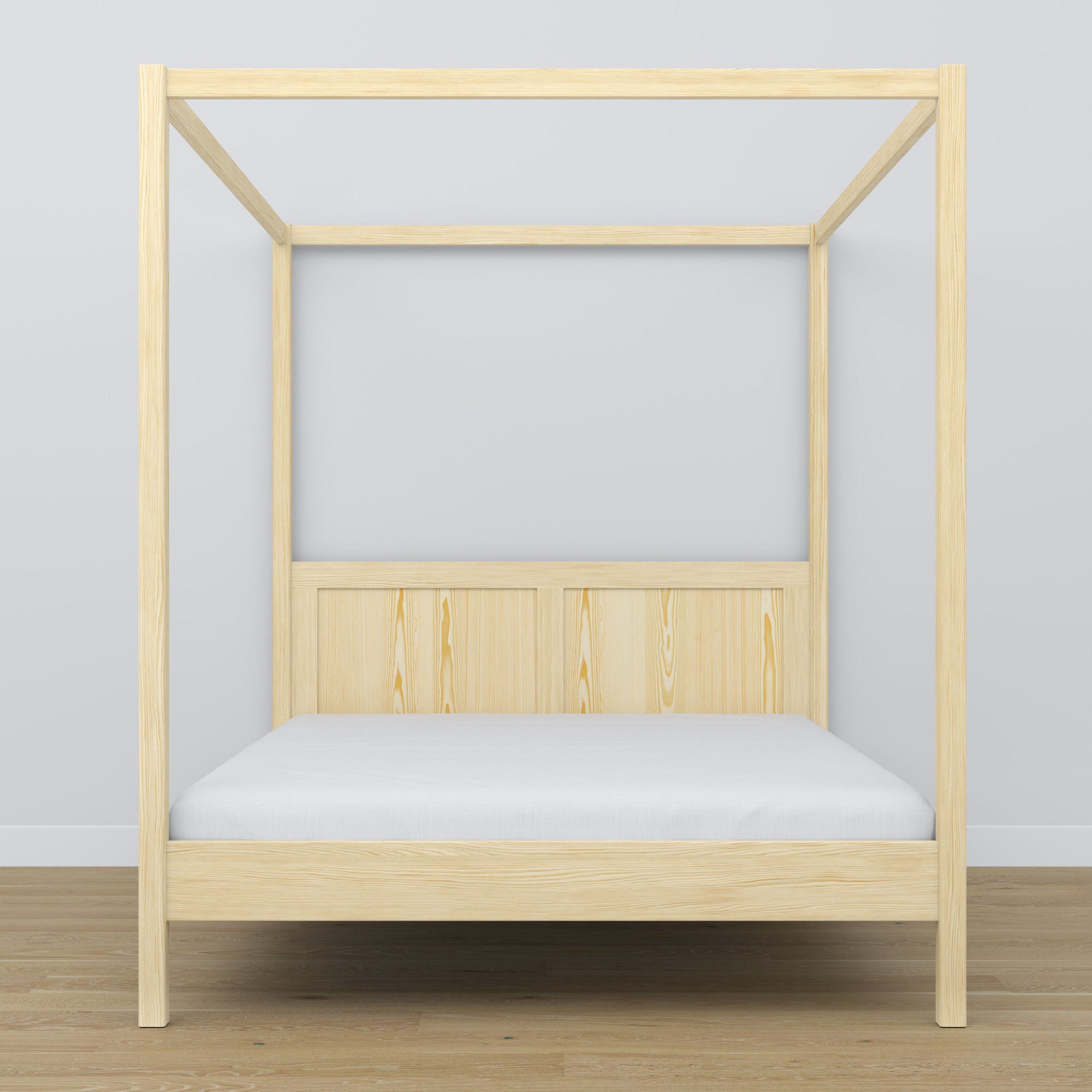 Wooden double bed with canopy clear pine – headboard and frame, close-up