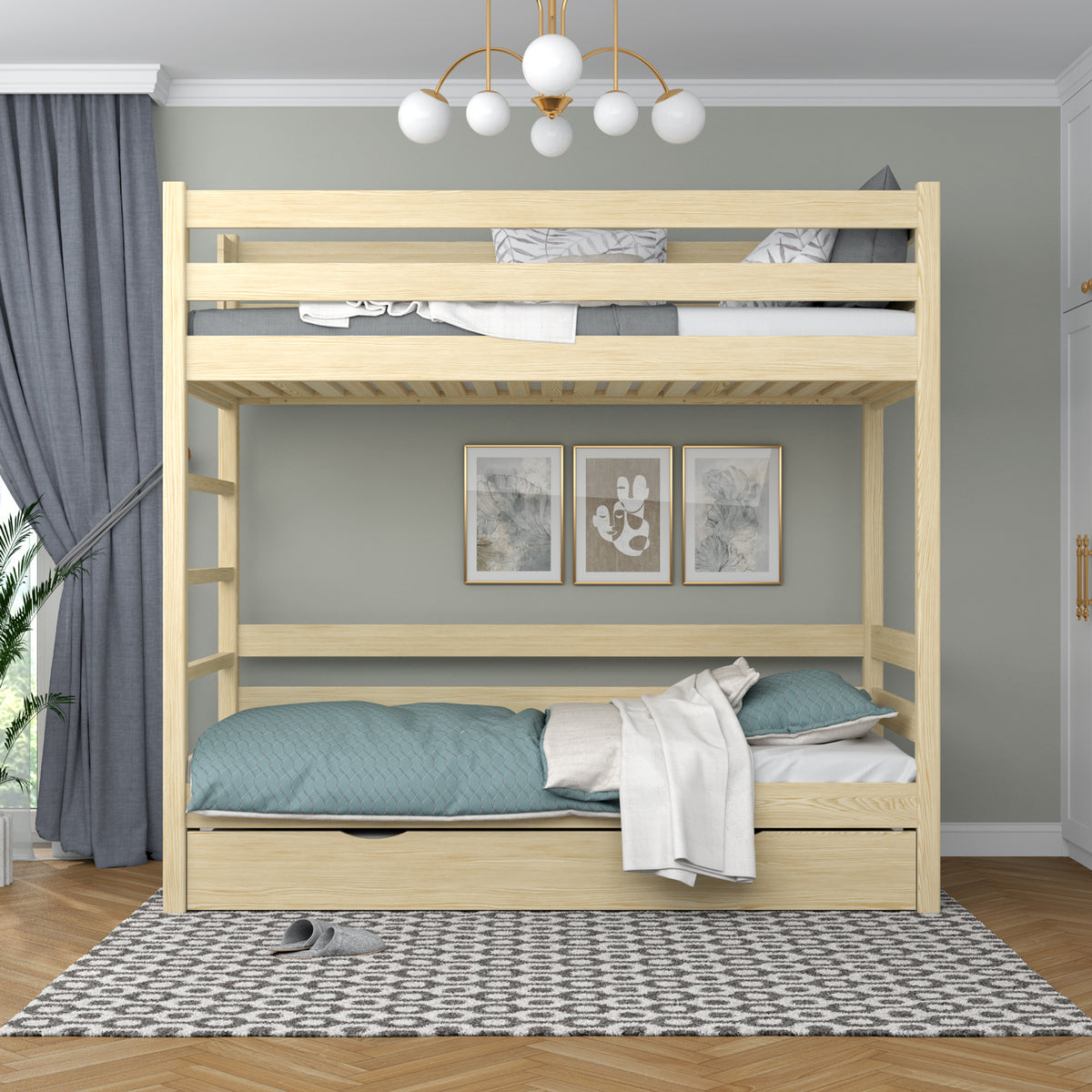 Clear Pine Wooden Bunk Bed – Ladder, Rails, Drawer for Extra Mattress