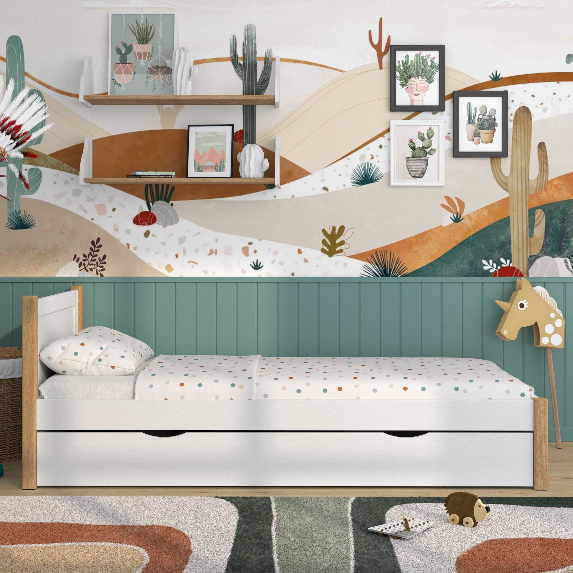 Bett Weiß-Eiche mit Schublade – Seitenansicht, aus Holz, Nizio Home
