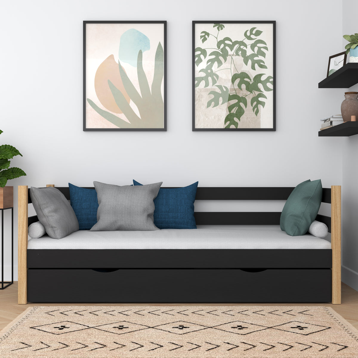 Bettsofa aus Holz Schwarz-Eiche – offene Schublade, Bettwäscheaufbewahrung