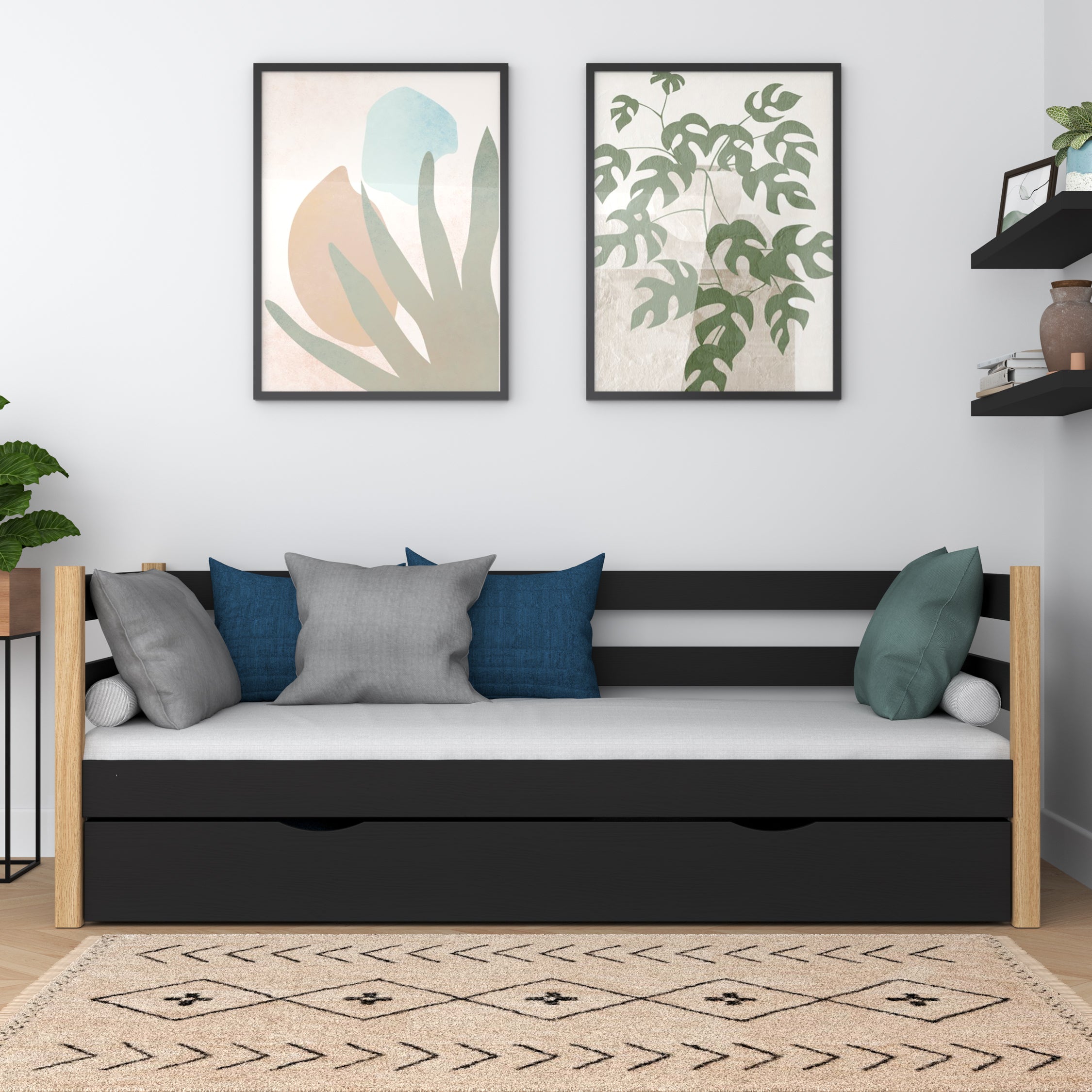 Bettsofa aus Holz Schwarz-Eiche – offene Schublade, Bettwäscheaufbewahrung