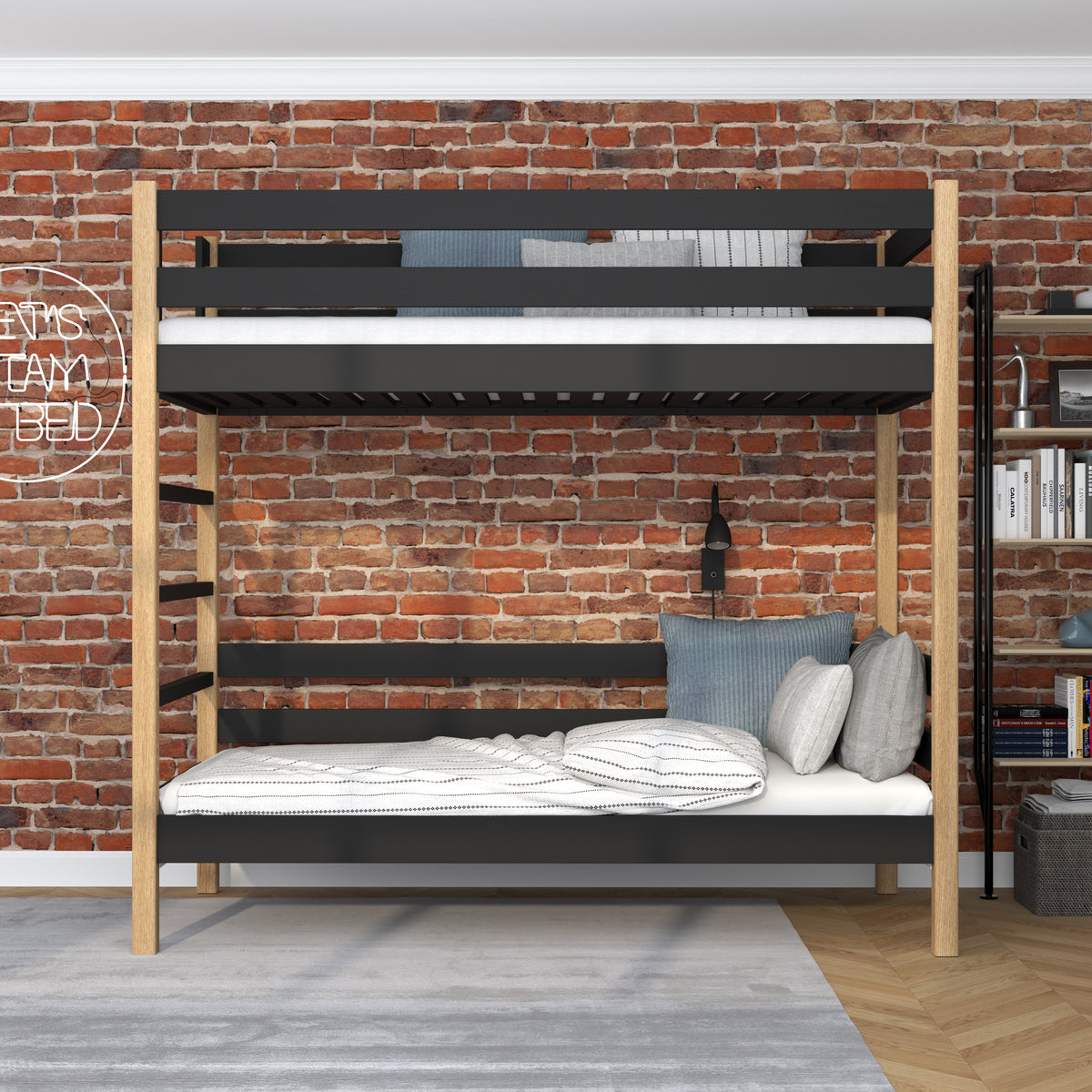 Black and Oak Bunk Bed – Wooden Ladder and Safety Rail, Nizio Home