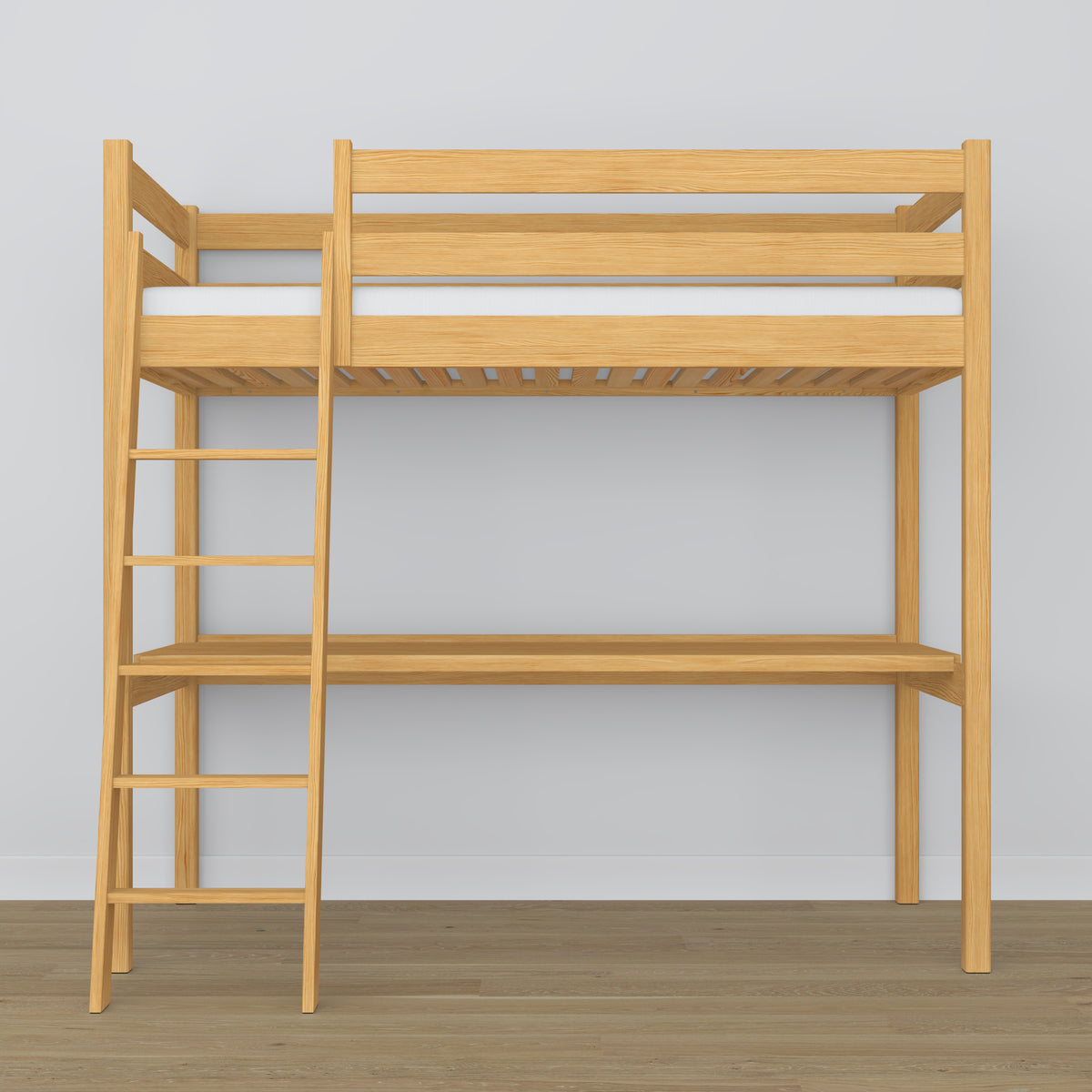 Lit mezzanine avec bureau en bois pin naturel – détails des assemblages et de l'échelle