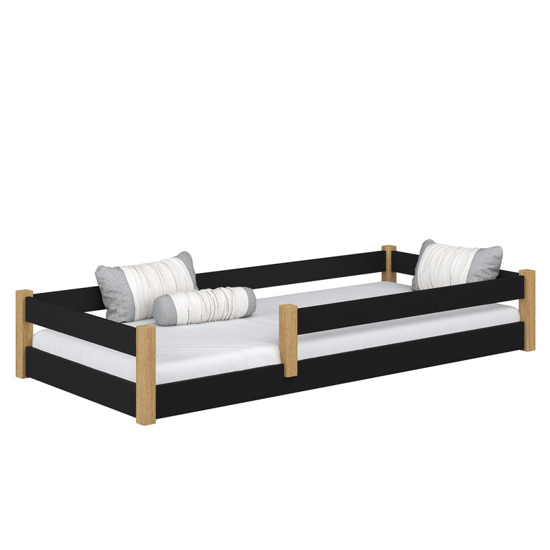 Niedriges Holzbett Schwarz-Eiche – Schlafzimmer, Massivholz, skandinavischer Stil Nizio