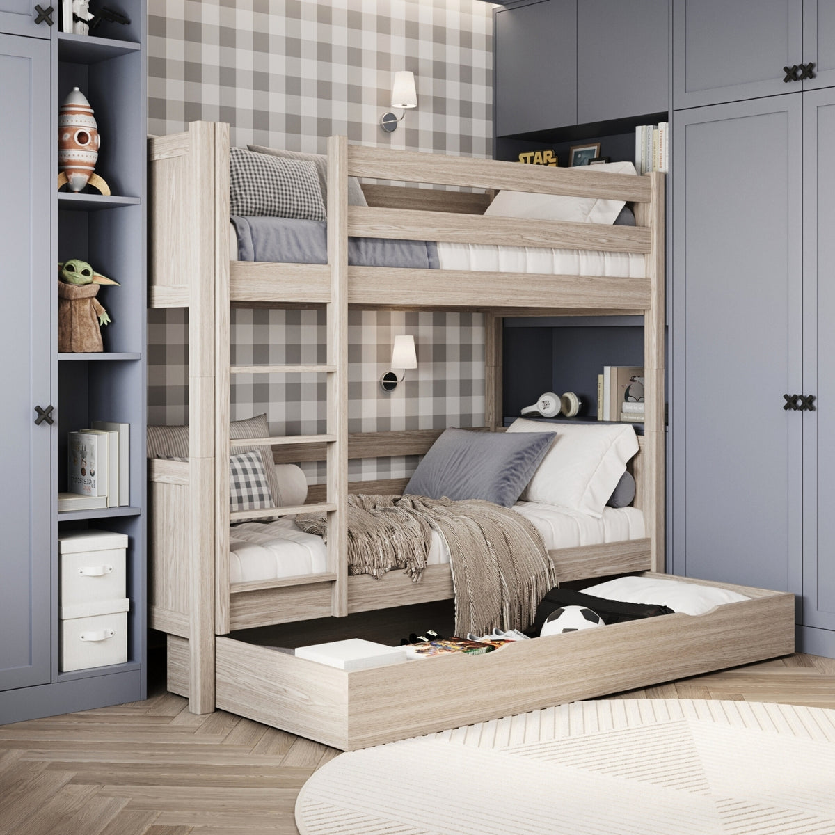Etagenbett Eiche gebleicht mit Schublade – Schutzgitter und Leiter aus Eiche, Nizio