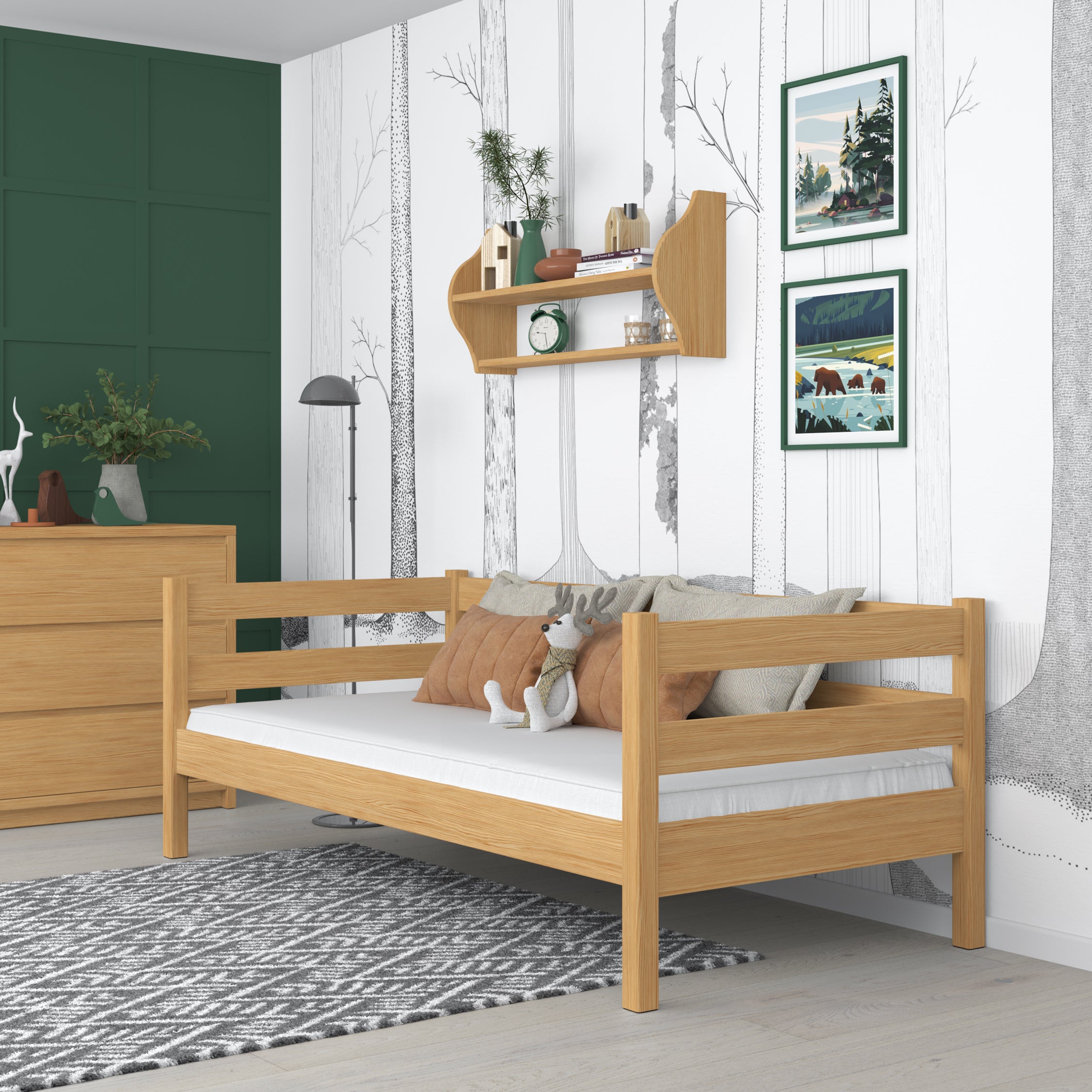 Holz-Sofabett Kiefer natur – Seitenansicht, Form und Proportionen des Möbels