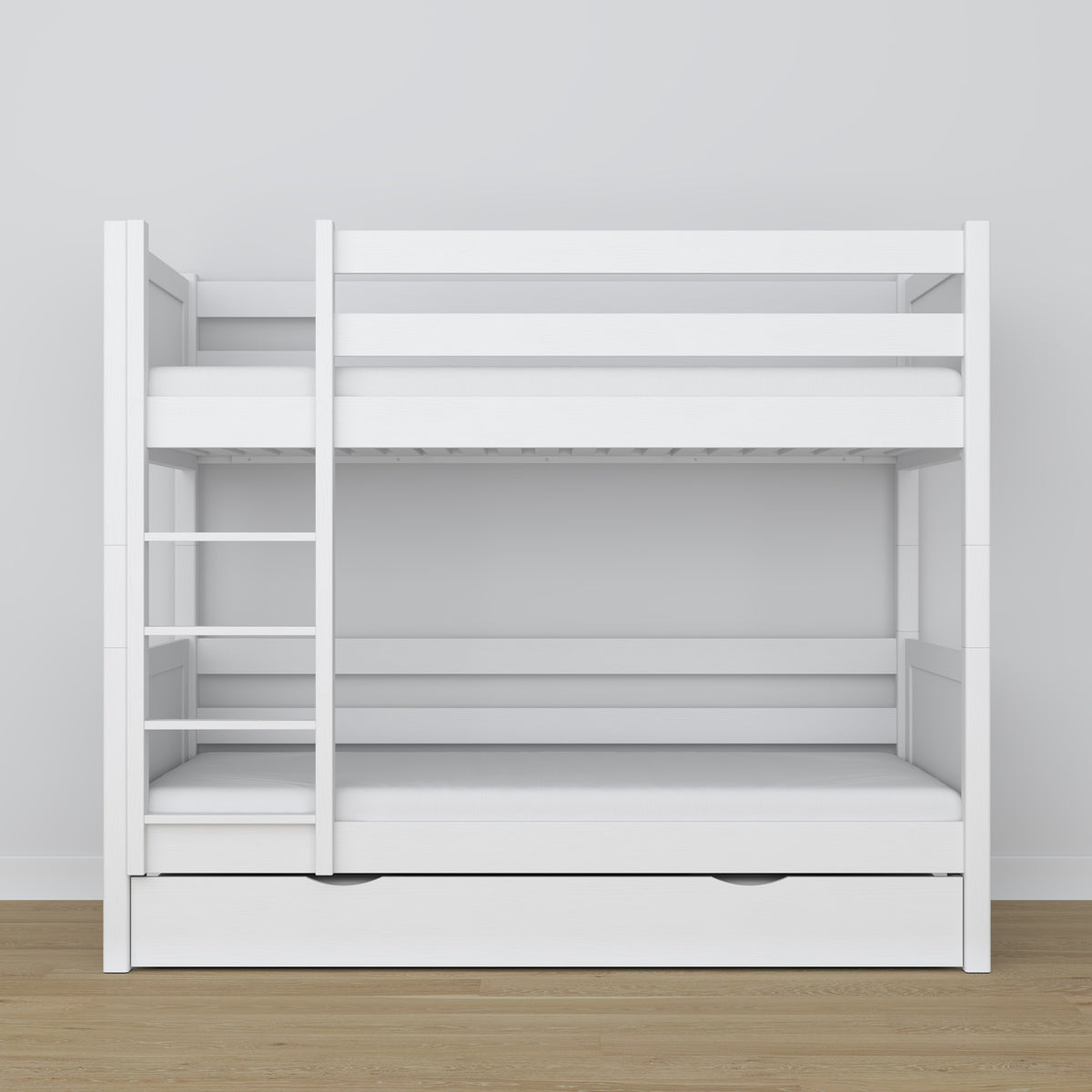Lit superposé blanc – sommier en bois à lattes, tiroir na matelas