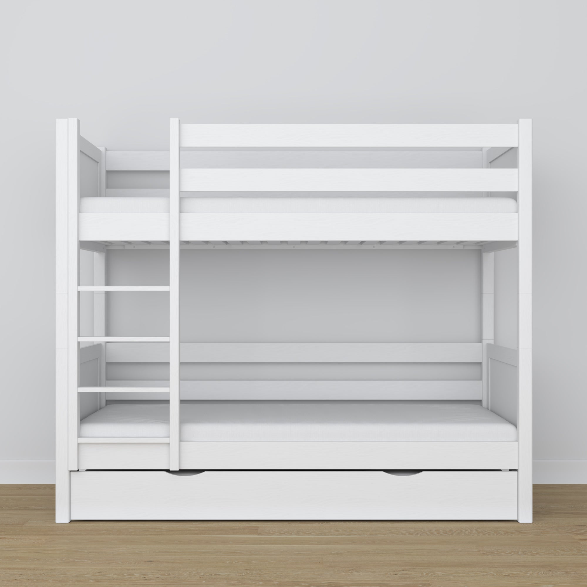 Lit superposé blanc – sommier en bois à lattes, tiroir na matelas
