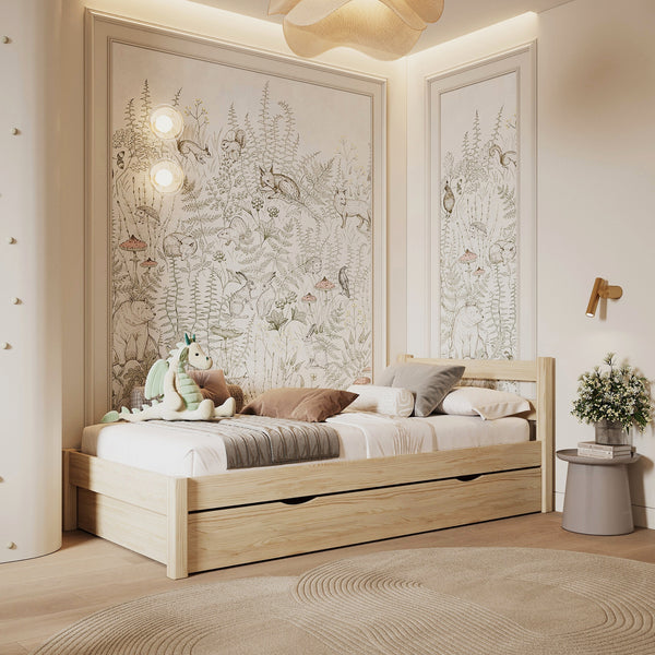 Lit pin incolore z tiroir – vue de côté, en bois, Nizio Home